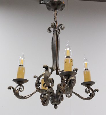 French Art Deco Wrought Iron Acanthus Leaf Chandelier, 1930s-RIU-1142251