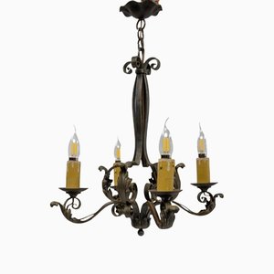 French Art Deco Wrought Iron Acanthus Leaf Chandelier, 1930s-RIU-1142251