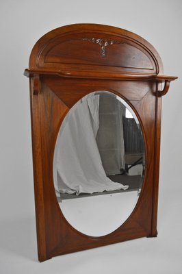 French Art Nouveau Fireplace Mantel Mirror in Carved Walnut, 1910-XNH-1028047