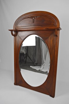 French Art Nouveau Fireplace Mantel Mirror in Carved Walnut, 1910-XNH-1028047