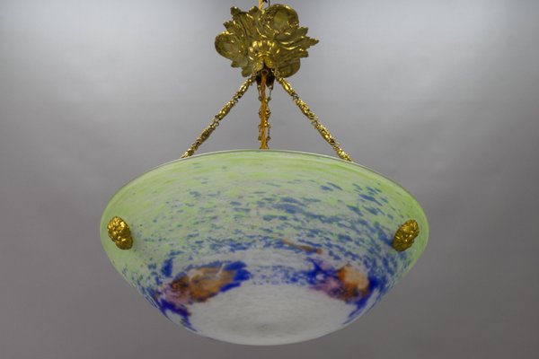 French Art Nouveau Green, Blue and White Glass and Brass Pendant Light, 1920s-KEG-1705456