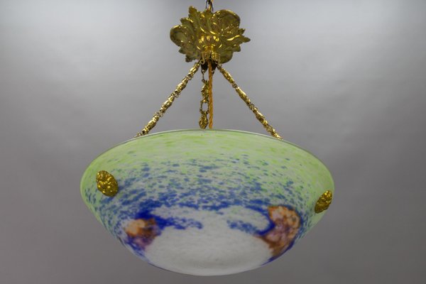 French Art Nouveau Green, Blue and White Glass and Brass Pendant Light, 1920s-KEG-1705456