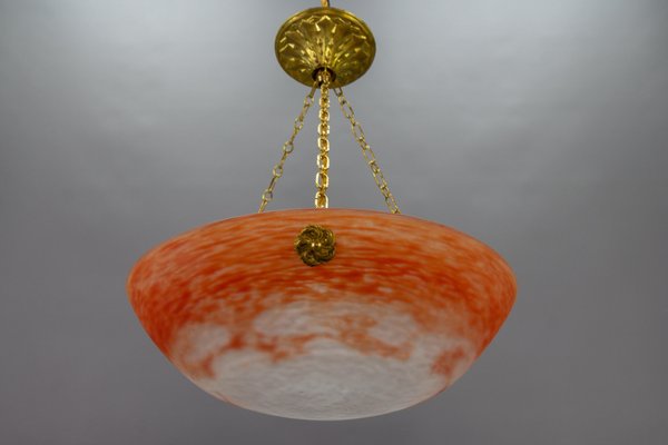 French Art Nouveau Orange and White Glass Pendant Light by Noverdy, 1920s-KEG-1706966