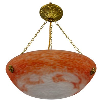 French Art Nouveau Orange and White Glass Pendant Light by Noverdy, 1920s-KEG-1706966