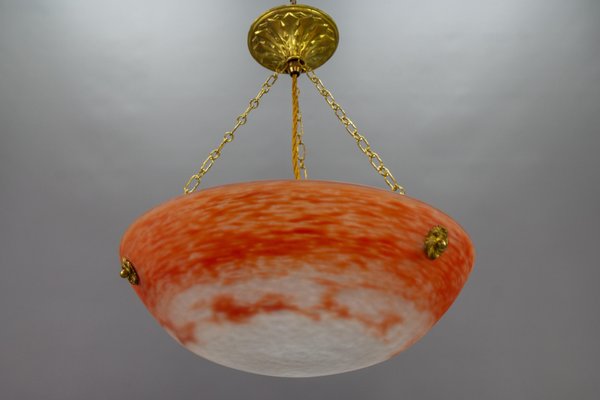 French Art Nouveau Orange and White Glass Pendant Light by Noverdy, 1920s-KEG-1706966