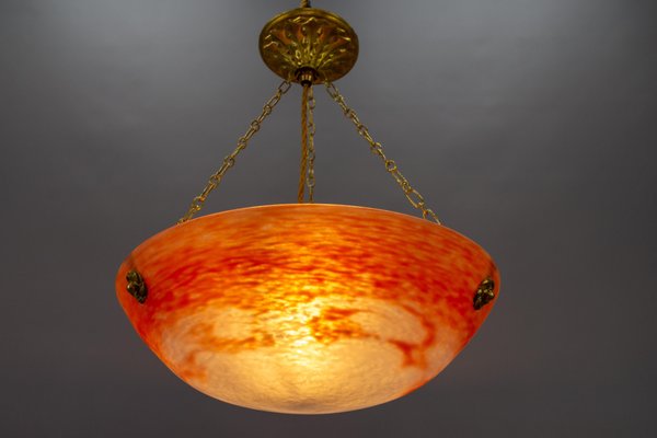 French Art Nouveau Orange and White Glass Pendant Light by Noverdy, 1920s-KEG-1706966