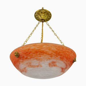 French Art Nouveau Orange and White Glass Pendant Light by Noverdy, 1920s-KEG-1706966