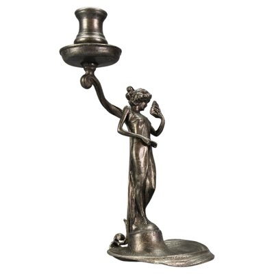 French Art Nouveau Pewter Candlestick with Lady Sculpture, 1920s-KEG-1770743