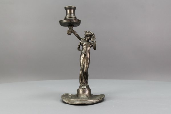 French Art Nouveau Pewter Candlestick with Lady Sculpture, 1920s-KEG-1770743