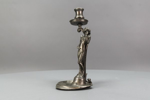 French Art Nouveau Pewter Candlestick with Lady Sculpture, 1920s-KEG-1770743