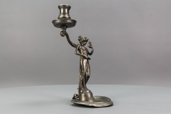 French Art Nouveau Pewter Candlestick with Lady Sculpture, 1920s-KEG-1770743