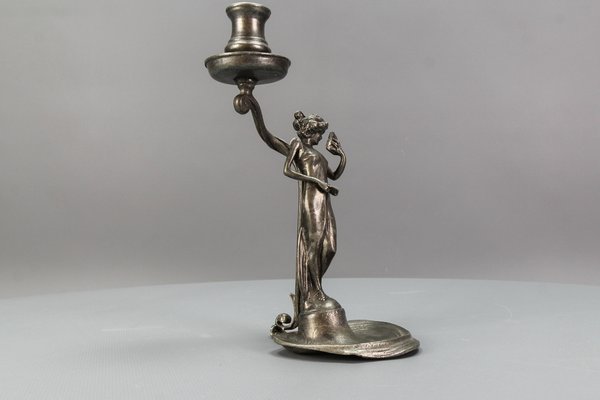 French Art Nouveau Pewter Candlestick with Lady Sculpture, 1920s-KEG-1770743