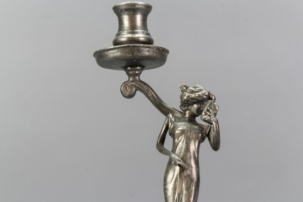 French Art Nouveau Pewter Candlestick with Lady Sculpture, 1920s-KEG-1770743