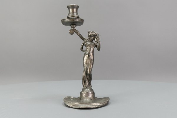 French Art Nouveau Pewter Candlestick with Lady Sculpture, 1920s-KEG-1770743