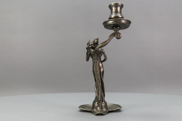 French Art Nouveau Pewter Candlestick with Lady Sculpture, 1920s-KEG-1770743