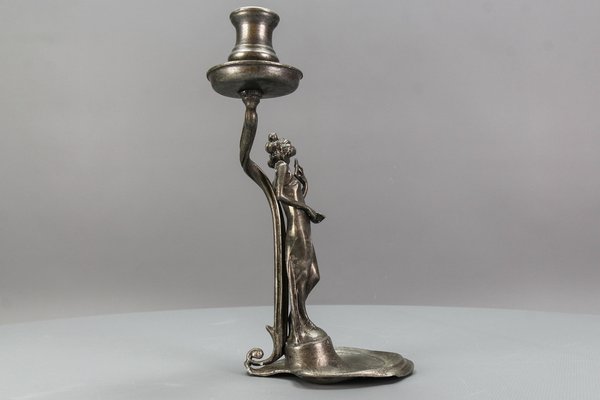 French Art Nouveau Pewter Candlestick with Lady Sculpture, 1920s-KEG-1770743