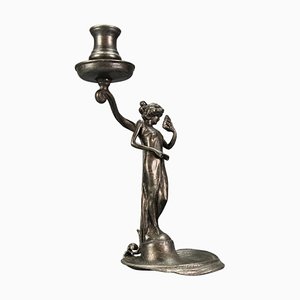 French Art Nouveau Pewter Candlestick with Lady Sculpture, 1920s-KEG-1770743