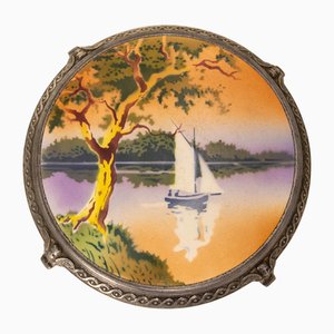 French Art Nouveau Zamac and Ceramic Lake Landscape, 1890s-RIU-2027297