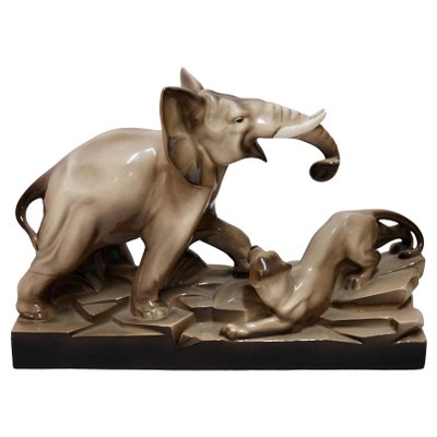 French Artist, Art Deco Elephant and Panther, 1920s, Glazed Ceramic-CXC-1368757