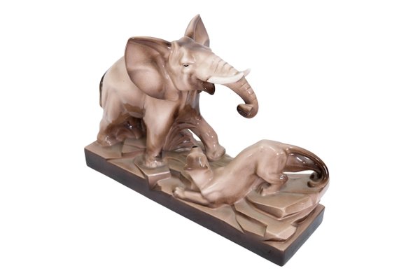 French Artist, Art Deco Elephant and Panther, 1920s, Glazed Ceramic-CXC-1368757