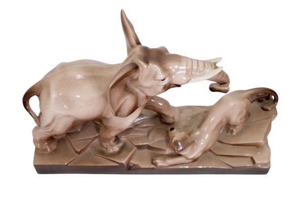 French Artist, Art Deco Elephant and Panther, 1920s, Glazed Ceramic-CXC-1368757