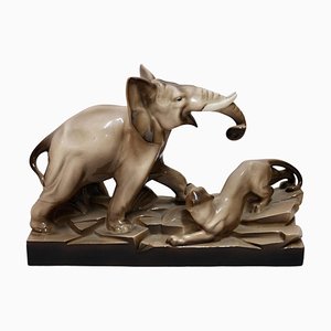 French Artist, Art Deco Elephant and Panther, 1920s, Glazed Ceramic-CXC-1368757