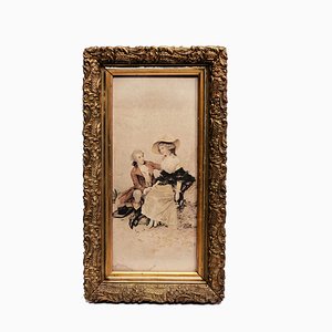 French Artist, Loving Couple, 17th Century, Paint on Textile, Framed-OZS-1396967