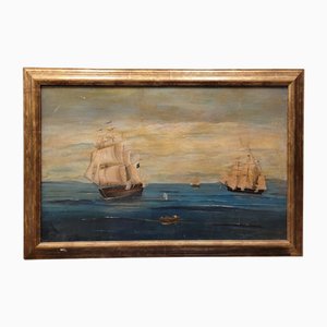 French Artist, Naval Battle, 1800s, Oil on Board, Framed-NUC-1783311