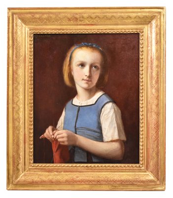 French Artist, Portrait of Girl Sewing, 1860, Oil on Canvas, Framed-YVI-1377362