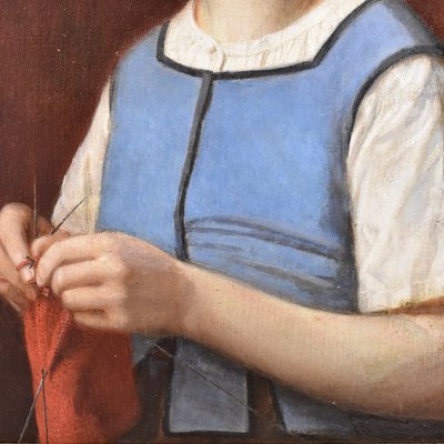 French Artist, Portrait of Girl Sewing, 1860, Oil on Canvas, Framed-YVI-1377362