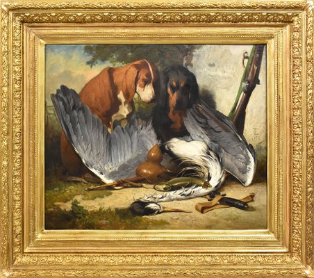 French Artist, Two Hunting Dogs, 19th Century, Oil Painting on Wood, Framed-YVI-1340762