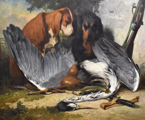 French Artist, Two Hunting Dogs, 19th Century, Oil Painting on Wood, Framed-YVI-1340762