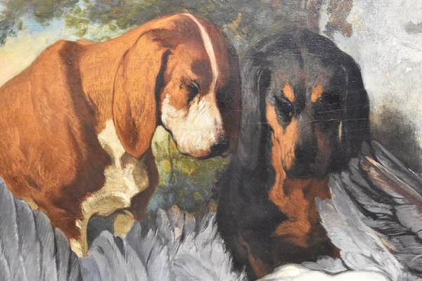 French Artist, Two Hunting Dogs, 19th Century, Oil Painting on Wood, Framed-YVI-1340762