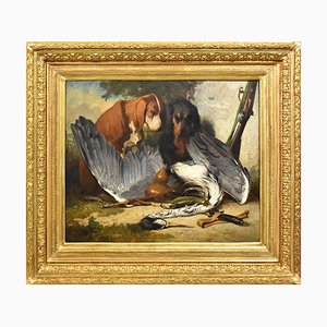 French Artist, Two Hunting Dogs, 19th Century, Oil Painting on Wood, Framed-YVI-1340762