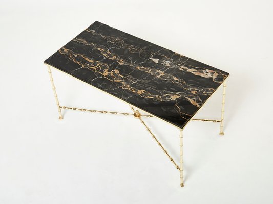 French Bamboo Brass Portor Marble Coffee Table from Maison Jansen, 1960s-YJA-1362115