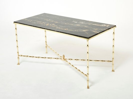 French Bamboo Brass Portor Marble Coffee Table from Maison Jansen, 1960s-YJA-1362115