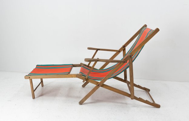 French Beech & Fabric Folding Deck Chair-RIU-1215343