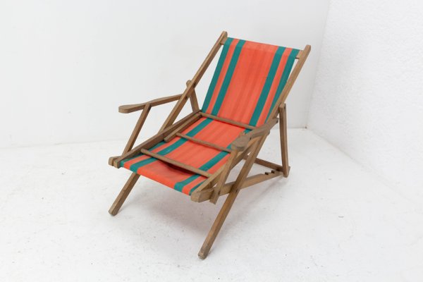 French Beech & Fabric Folding Deck Chair-RIU-1215343