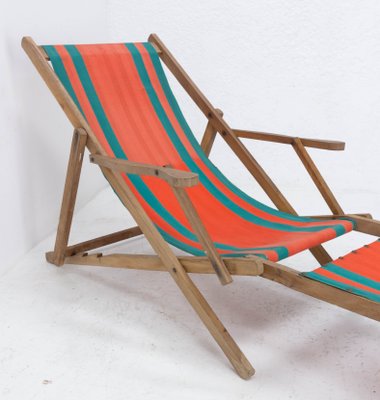 French Beech & Fabric Folding Deck Chair-RIU-1215343