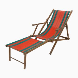 French Beech & Fabric Folding Deck Chair-RIU-1215343