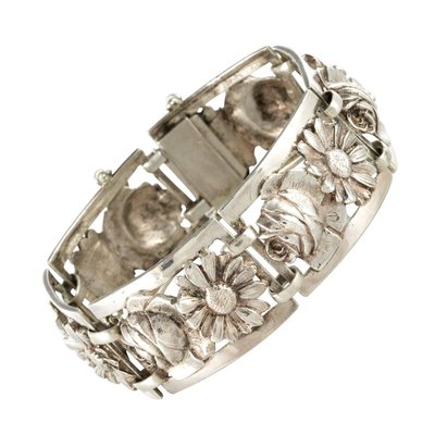 French Belle Époque Flowers Silver Bracelet, 1900s-OLU-896256