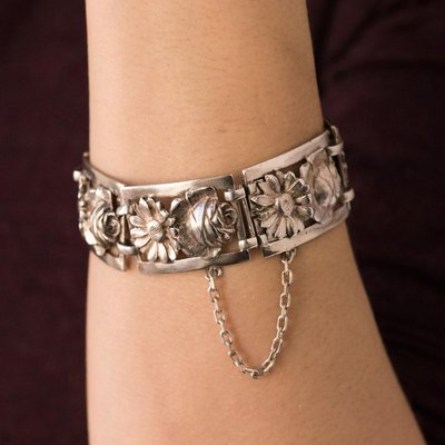 French Belle Époque Flowers Silver Bracelet, 1900s-OLU-896256