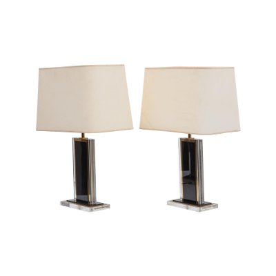 French Black and Clear Acrylic Glass & Brass Table Lamps, 1970s, Set of 2-KL-620389