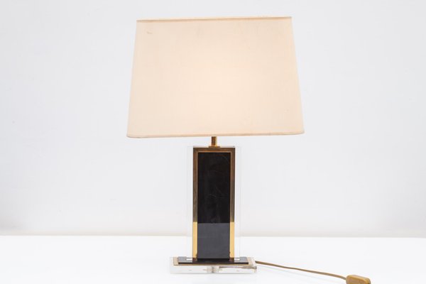 French Black and Clear Acrylic Glass & Brass Table Lamps, 1970s, Set of 2-KL-620389