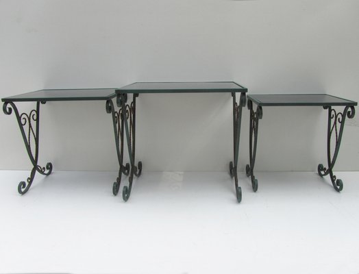 French Black Glass Nesting Tables in Wrought Iron, 1940s, Set of 3-EA-1453016