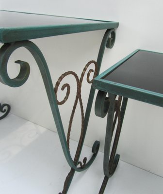 French Black Glass Nesting Tables in Wrought Iron, 1940s, Set of 3-EA-1453016