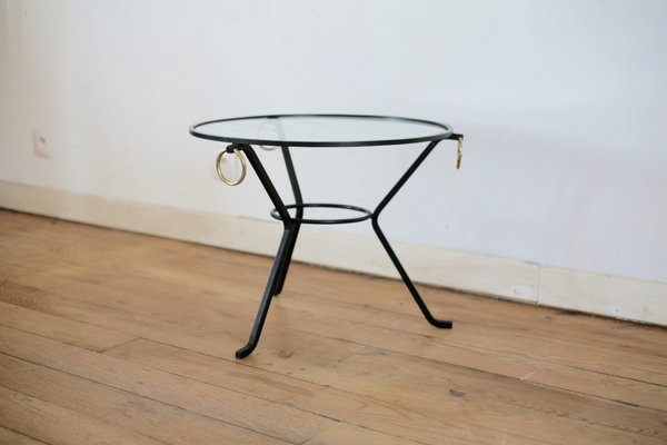 French Black Lacquered Metal, Glass, and Brass Coffee Table by Jacques Adnet, 1950s-MAO-707103