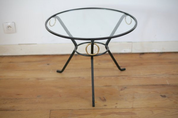 French Black Lacquered Metal, Glass, and Brass Coffee Table by Jacques Adnet, 1950s-MAO-707103