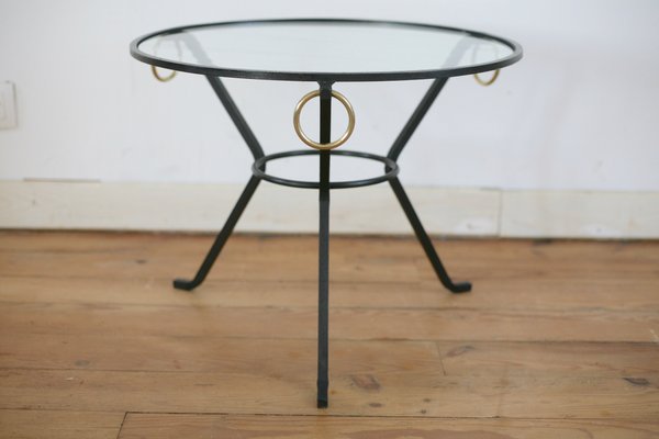 French Black Lacquered Metal, Glass, and Brass Coffee Table by Jacques Adnet, 1950s-MAO-707103