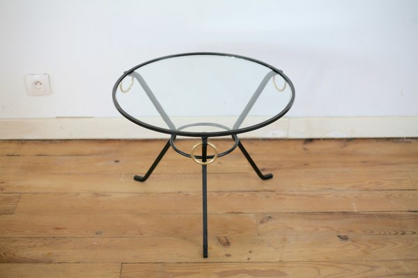 French Black Lacquered Metal, Glass, and Brass Coffee Table by Jacques Adnet, 1950s-MAO-707103